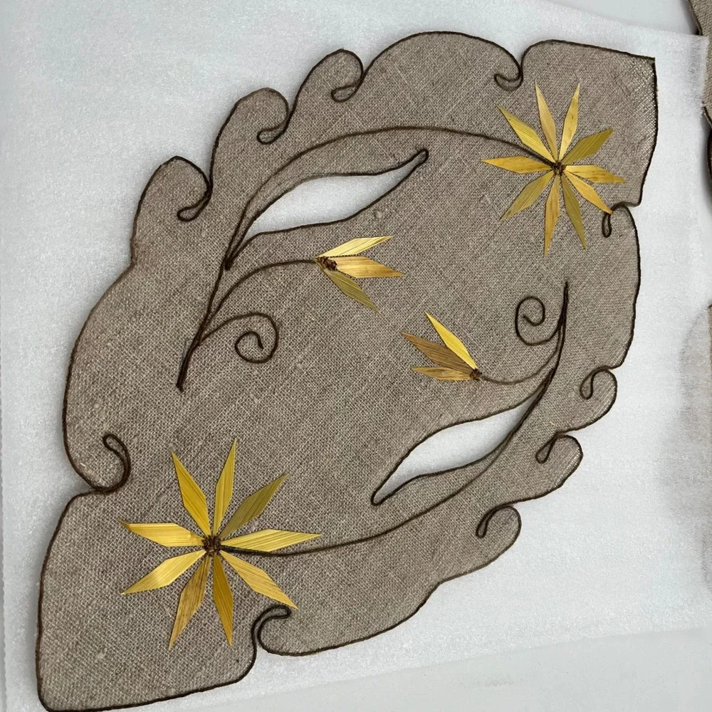Vintage 7 pc Burlap Placemat Set Bamboo Flower Appliqué Handmade Boho Table Rare